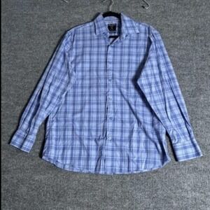 Proper Sport Men's‎ Blue Plaid Pure Cotton Contemporary Fit Dress Shirt Size L